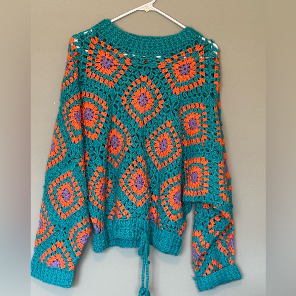 POL Teal and Orange Crochet Sweater
